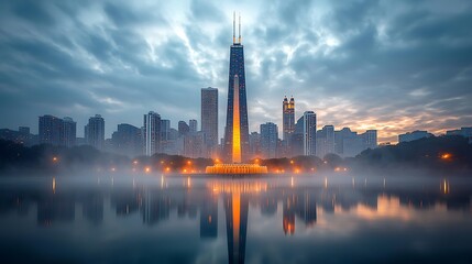 Obraz premium Skyscraper dominates a cityscape, reflecting in a calm lake during dusk with foggy atmosphere