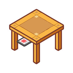 Isometric wooden table with drawer isolated on black