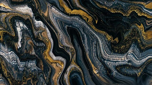 This captivating artwork showcases intricate black and gold patterns blending together, displaying remarkable textures and fluidity