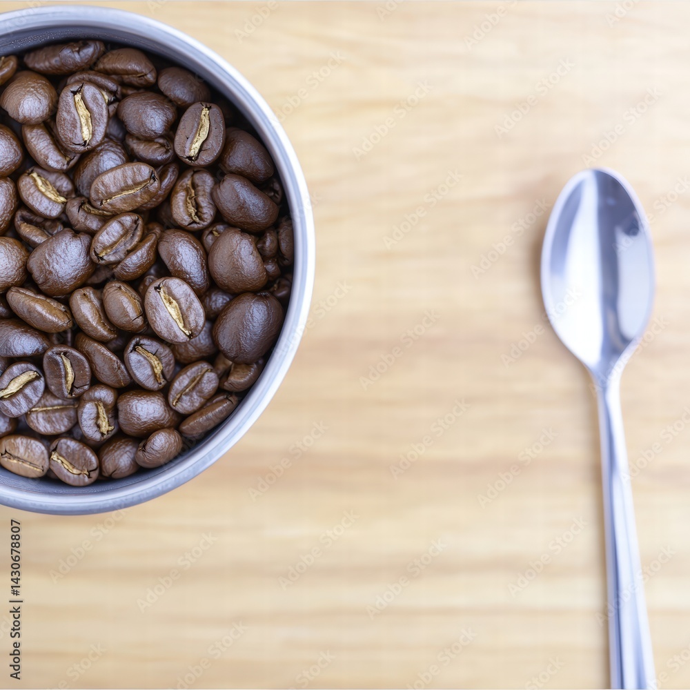 Poster a stylish cup of coffee with a spoon resting beside it on a light background displaying simple elega
