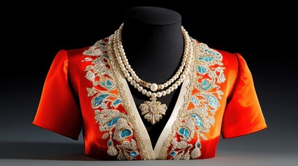 Red Embroidered Garment with Pearl Necklace on Mannequin