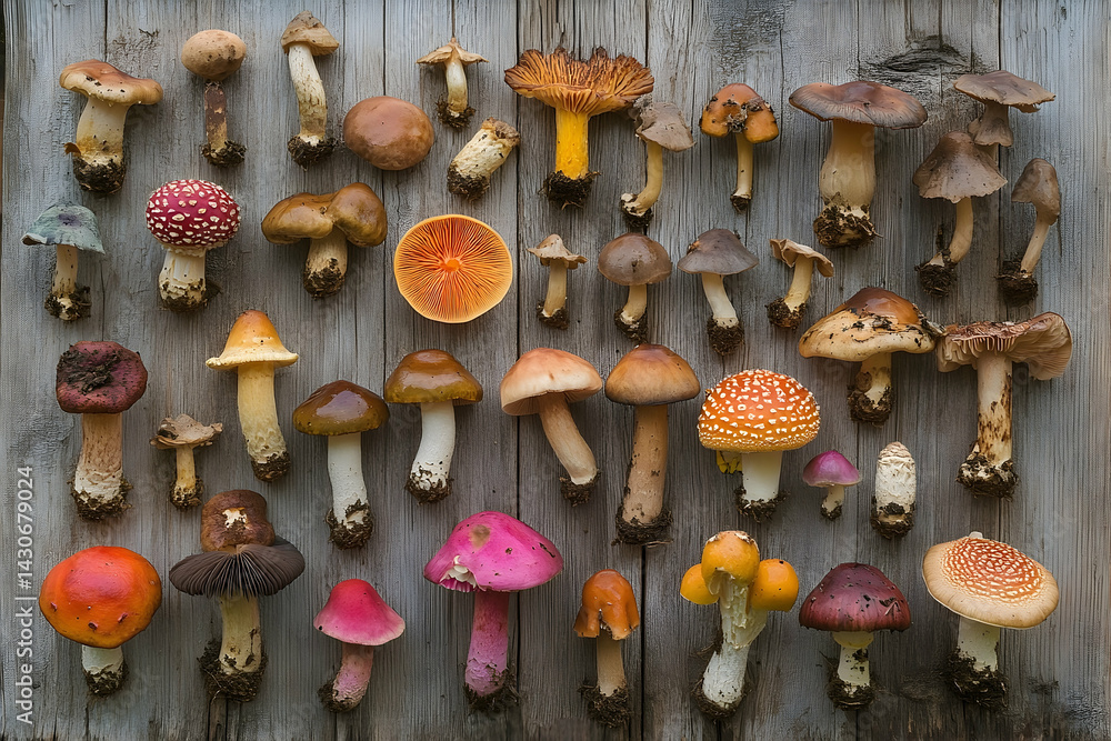 Aufkleber a diverse array of wild mushrooms arranged meticulously on weathered wood.