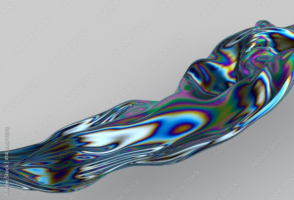 Poster colorful abstract 3d illustration of shimmering flowing fabric in chrome holographic colors on a gra