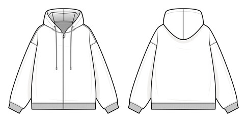 Zip-Up Hoodie Technical Fashion Illustration. Casual Hooded Jacket Vector Template. Front and Back View. Relaxed Fit. Ribbed Hem and Cuffs. Drawstring Hood. White Color. CAD Mockup Set.