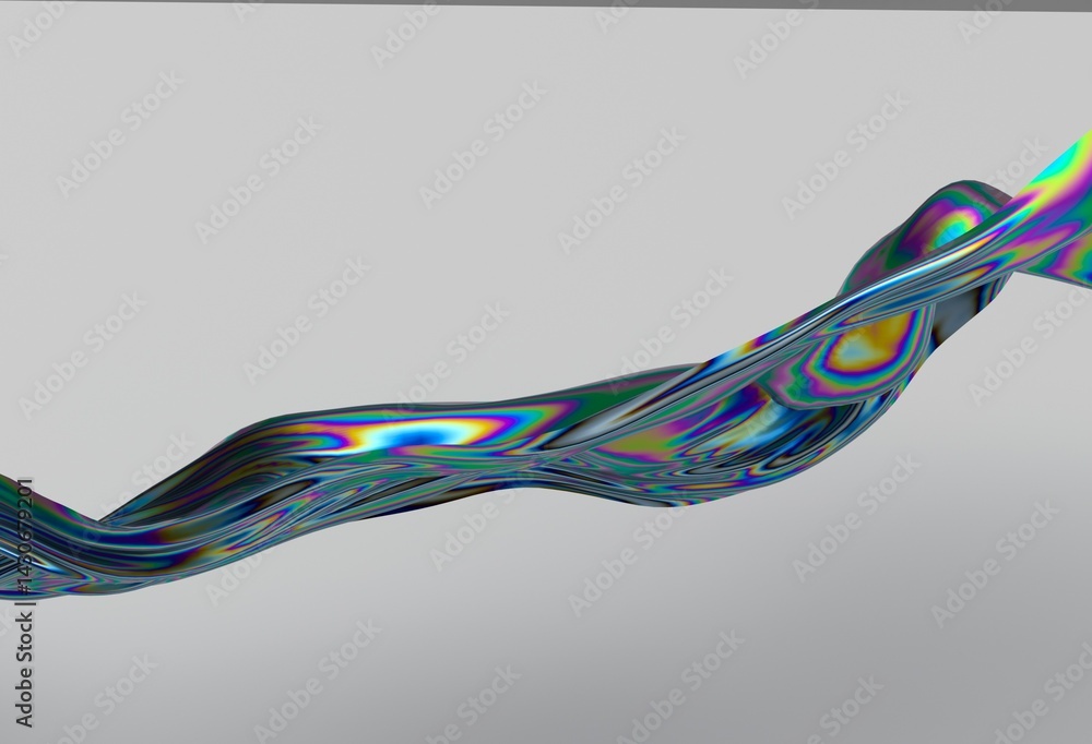 Poster colorful abstract 3d illustration of shimmering flowing fabric in chrome holographic colors on a gra