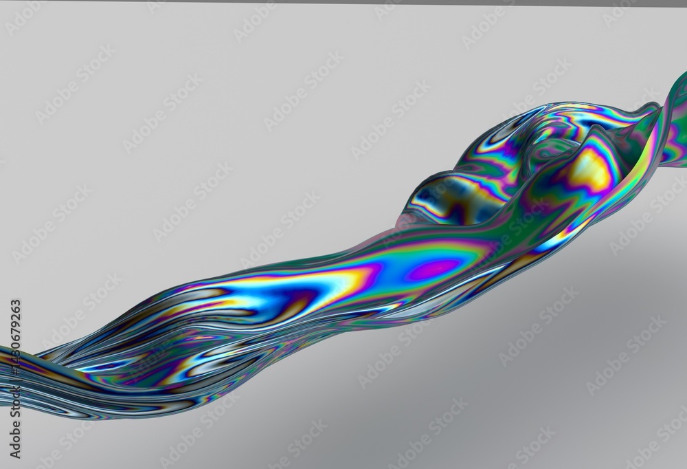 Aufkleber colorful abstract 3d illustration of shimmering flowing fabric in chrome holographic colors on a gra