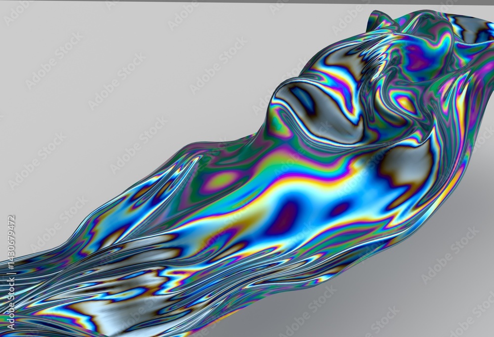 Poster colorful abstract 3d illustration of shimmering flowing fabric in chrome holographic colors on a gra