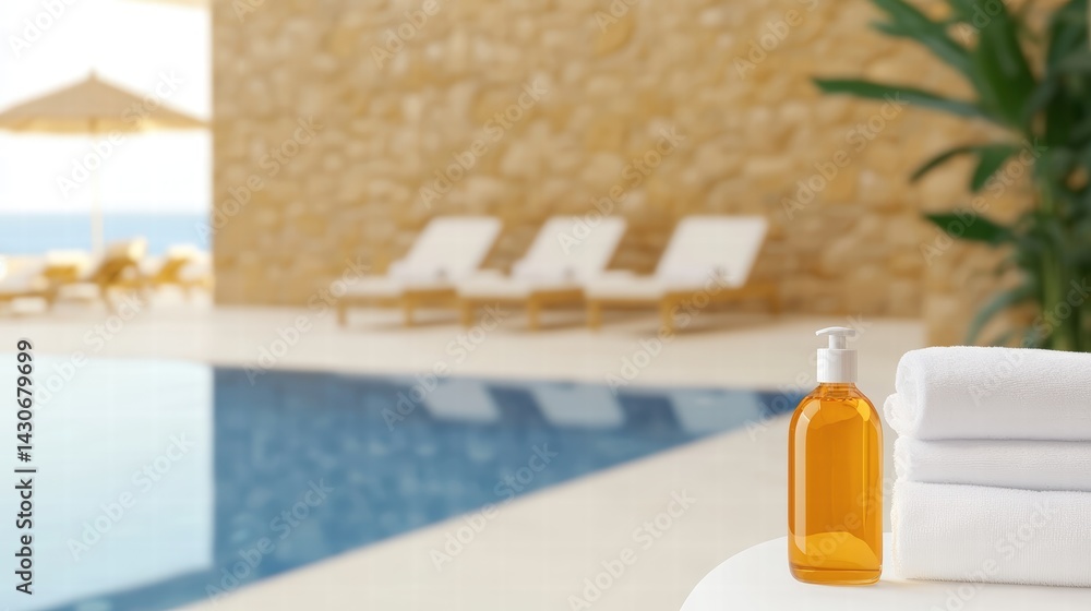 Poster towel and bottle of liquid neatly placed on a table creating an inviting space for relaxation