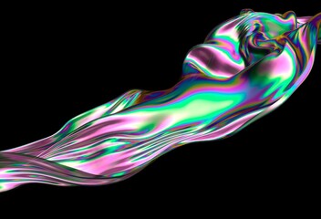 Obraz premium Abstract 3D illustration of shimmering holographic flowing fabric with green, pink and purple hues on a dark background, evoking a sense of movement and fluidity.