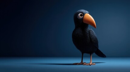 Naklejka premium A quirky cartoon crow with a large orange beak stands isolated against a striking blue backdrop, showcasing its whimsical character and playful design in vibrant detail