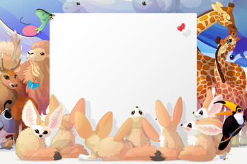 Obraz premium Cartoon animals background. Design illustration for kids. Blank form. 