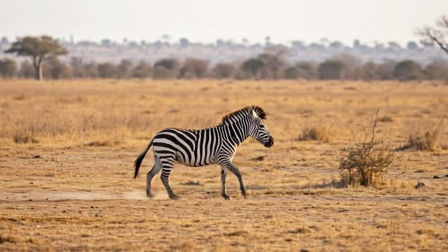 Young zebra running fast across dry African savanna plain kicking up dust. Wildlife in natural habitat footage video loop.