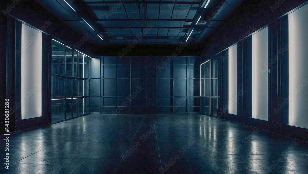 Poster dark room illuminated by lights, creating depth and space.
