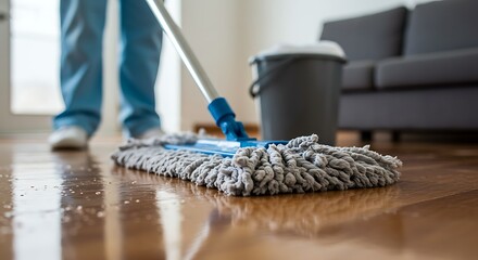 Person Mopping Hardwood Floor in Living Room