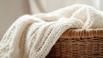 Knitted throw blanket in a wicker basket