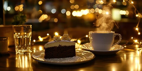 A cozy caf&Atilde;&copy; scene with a hot chocolate cake and a steaming cup of coffee, surrounded by fairy lights