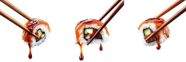 Set of sushi with chopsticks and sauce isolated on a transparent background PNG