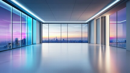 Obraz premium Spacious modern office interior with panoramic cityscape view at sunset.
