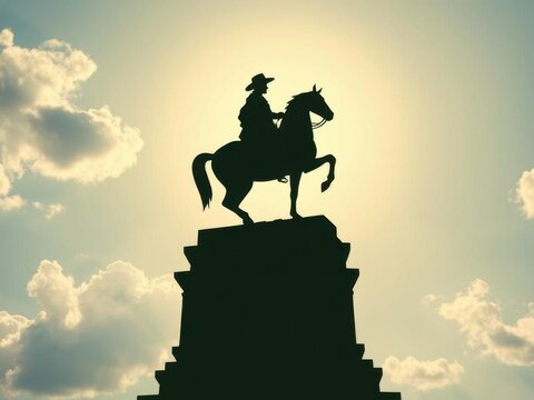 Silhouette of a statue featuring a man on horseback against a cloudy sky at daytime scenic view - Powered by Adobe