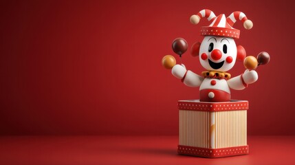 Fototapeta premium A cheerful clown emerges from a colorful jack-in-the-box, holding musical instruments. The background is a bright red, enhancing the whimsical atmosphere