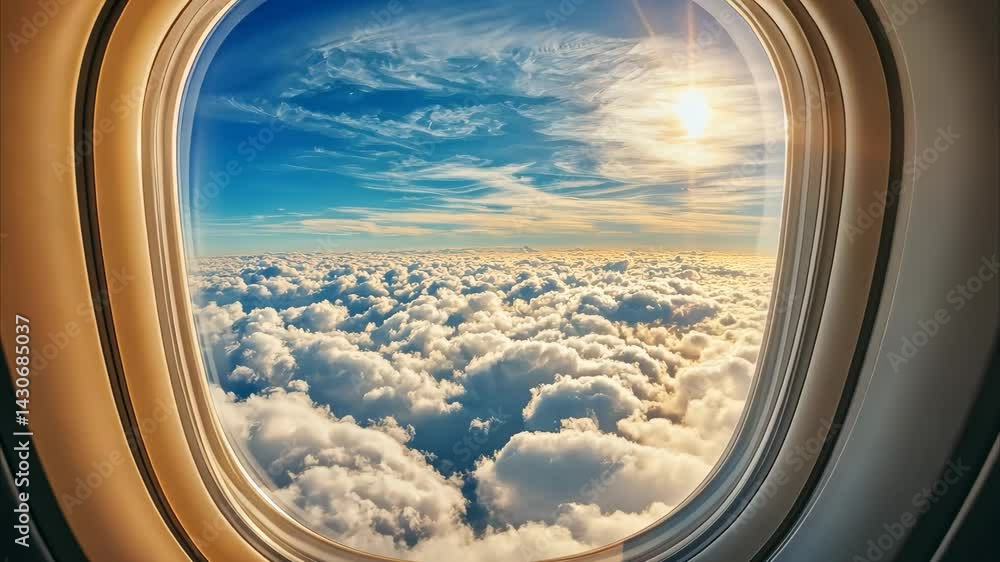 Poster bright cloudscape view from an airplane window during a serene flight above the clouds, bright cloud