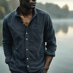 Fashion mockup of male model in navy shirt layered over t-shirt by lakeside, Generative AI