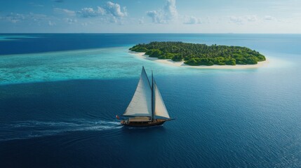 Obraz premium Sailboat sailing near a tropical island.