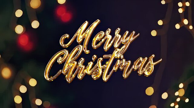 Merry christmas golden text greeting card design 3d typography warm bokeh lights background holiday celebration festive season winter luxury shiny sparkle seasonal gold