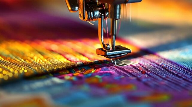 Close-up of a needle and colorful thread on fabric