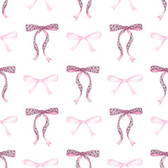 leopard watercolor bows. Seamless pattern in pastel colors. Cute children's illustration for wrapping paper and textiles