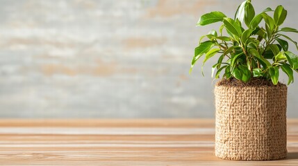 Elegant indoor plant displayed in a beautifully crafted woven vase against a simple background