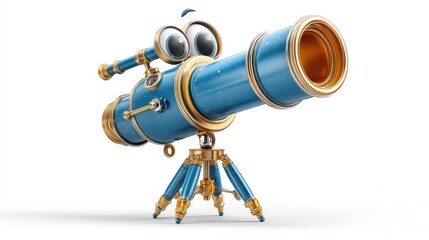 A cartoon telescope with big eyes and a smiling face stands on a decorative tripod. It gazes upward at a starry night sky, inviting curiosity and exploration of the cosmos