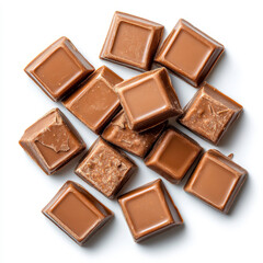 Pile of smooth milk chocolate squares on a stark white surface...