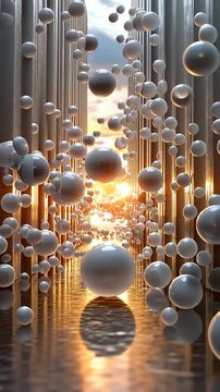 Abstract scene of floating spheres in a corridor reflecting sunset light, creating a surreal atmosphere