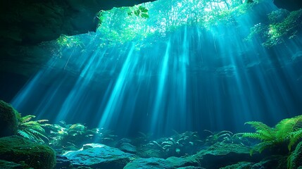 Obraz premium Sunlight streams through a cave's opening, illuminating the underwater grotto. Lush greenery and rocks are visible on the cave floor