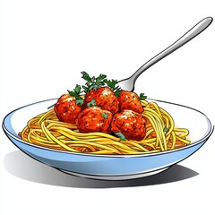 Spaghetti and Meatballs in Light Blue Bowl Digital Illustration
