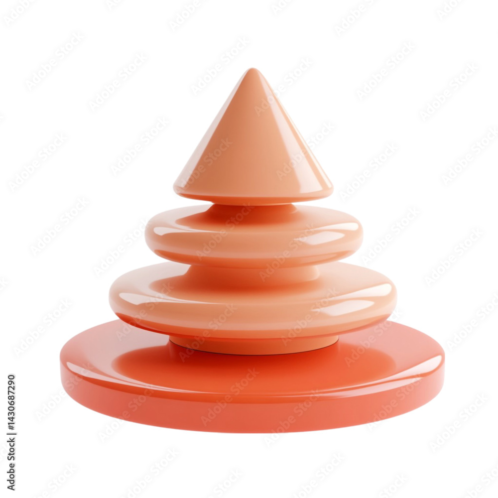 Poster abstract peach colored layered cone shape on a platform against a colorful striped background