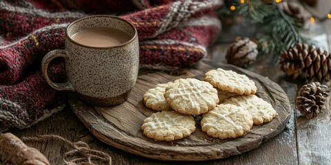 A cozy winter scene with shortbread cookies, a wool blanket, and a warm mug of cocoa