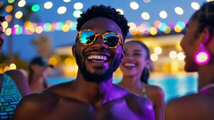 Joyful summer pool party with friends enjoying vibrant festive lighting.
