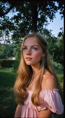 Naklejka premium A young girl with long blonde hair and blue eyes gazes thoughtfully while standing outdoors. The lush greenery and soft sunlight create a warm, tranquil atmosphere