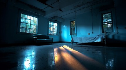 Abandoned Room with Blue Walls and Cold Atmosphere Featuring a Hospital Bed and a Soft Couch in Dim Light Streaming Through Window Panes