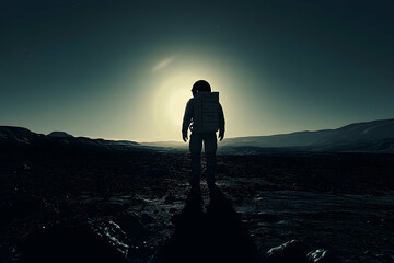 Fototapeta premium Silhouetted astronaut stands alone on a desolate alien landscape.