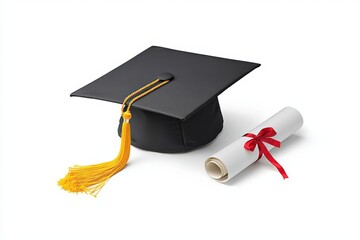 Graduation cap and diploma with red ribbon