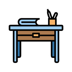 Simple vector illustration of desk with book and box