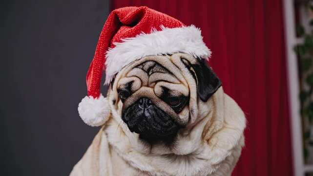 Cute pug dog wearing a red santa hat sits posing for a christmas portrait with a funny serious expression adorable pet celebrating the festive holiday season pug