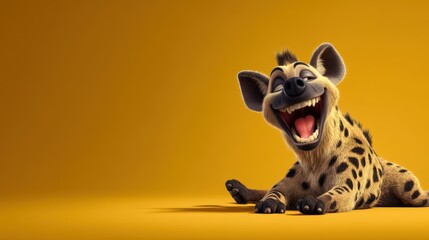 A cheerful cartoon hyena is rolling on the ground, laughing with joy. Its big smile and playful demeanor create a fun, lively atmosphere against a vivid yellow backdrop