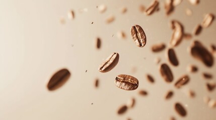 Roasted coffee beans in mid-air, a dynamic display of freshly harvested, high-quality beans suspended in motion