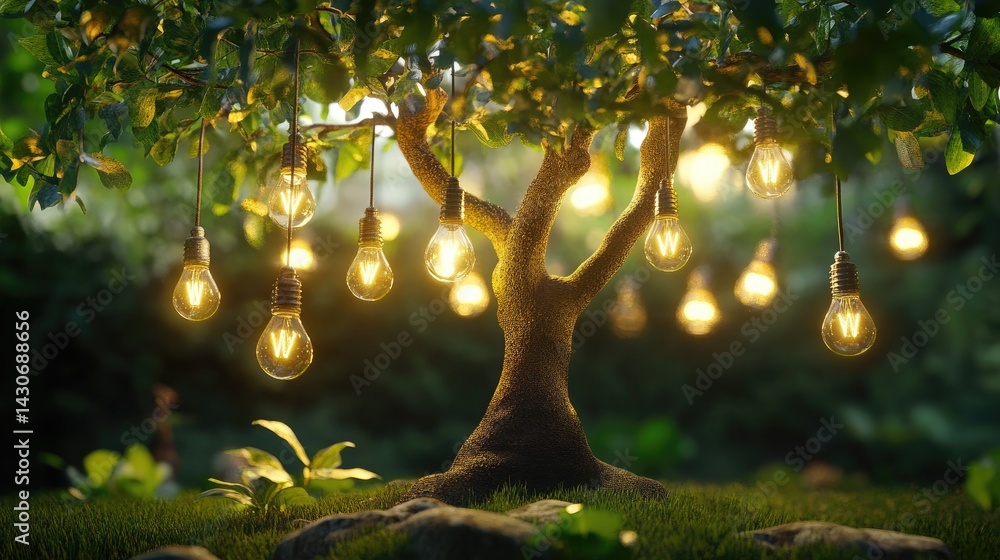 Poster a creative concept of a tree with lightbulbs growing from every branch