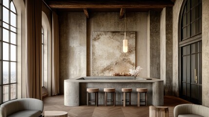 Modern concrete bar area with high ceilings and large windows.