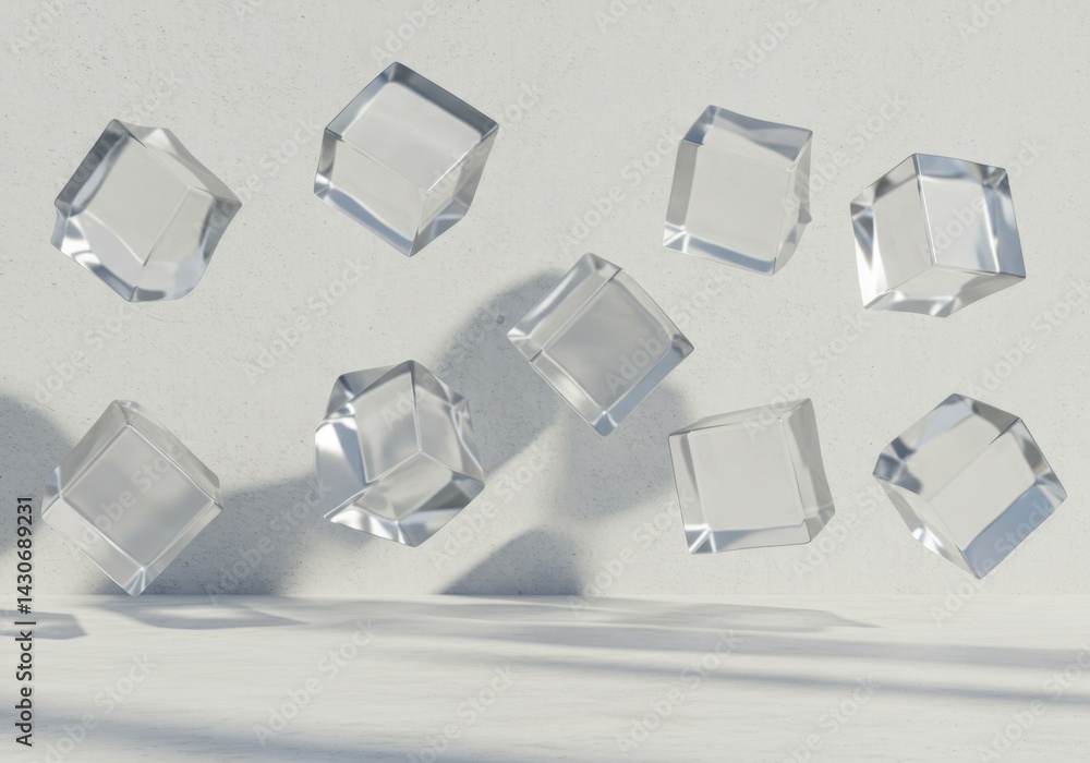 Poster floating crystal cubes abstract minimalist 3d render: a serene visual exploration of geometric forms